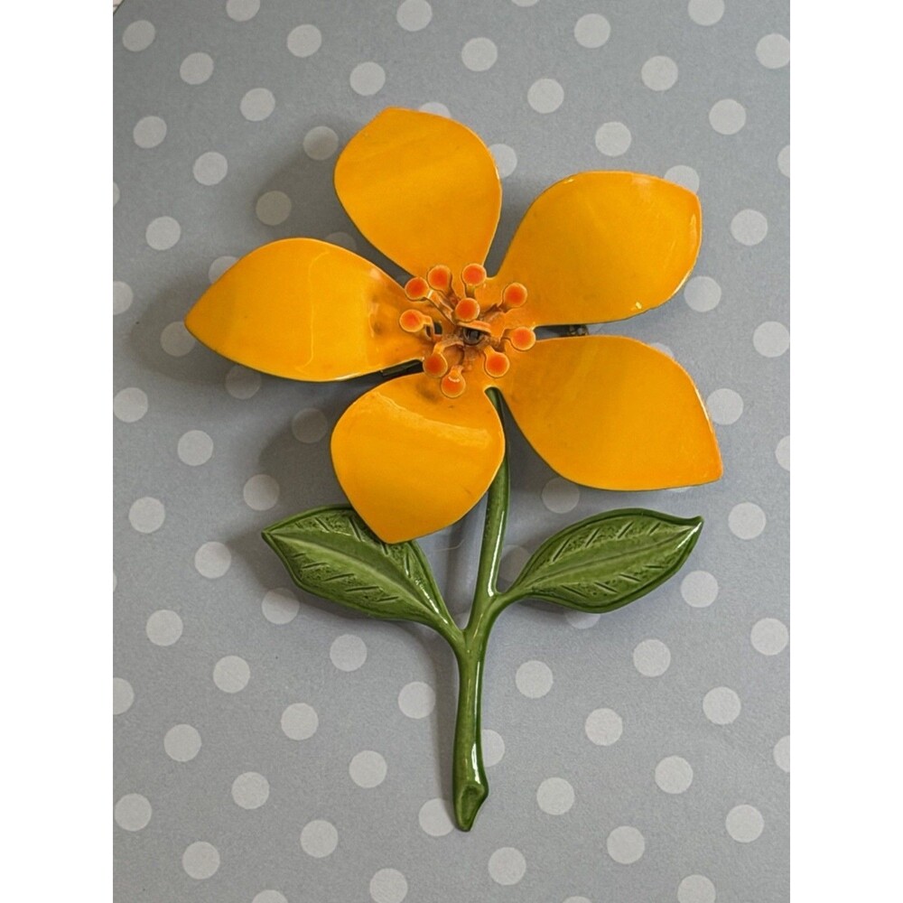 Vintage 1960s Orange Enamel Flower Power Brooch Pin Green Stem Large 3.5" 3D